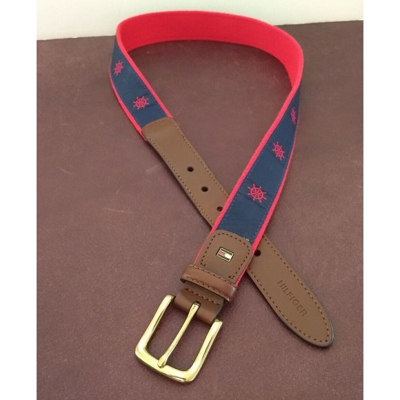 TOMMY HILFIGER Canvas Leather Belt Grosgrain Blue Nautical Ribbon Summer Size 32 - Picture 12 of 16